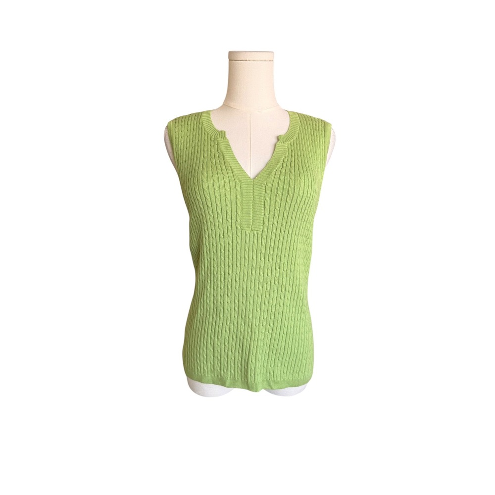 Jeanne Pierre Lime Green 100% Cotton Cable Knit V-Neck Sweater Vest Medium